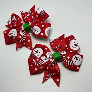 One Pair (2) Matching Girls Red Snowman Christmas Hair Clips